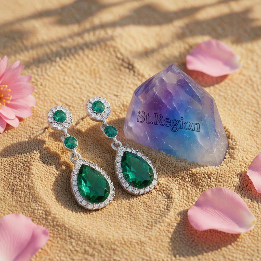 Green Crystal and Cubic Zirconia Drop Earring, drop earrings for women, botanical inspired, detail close-up