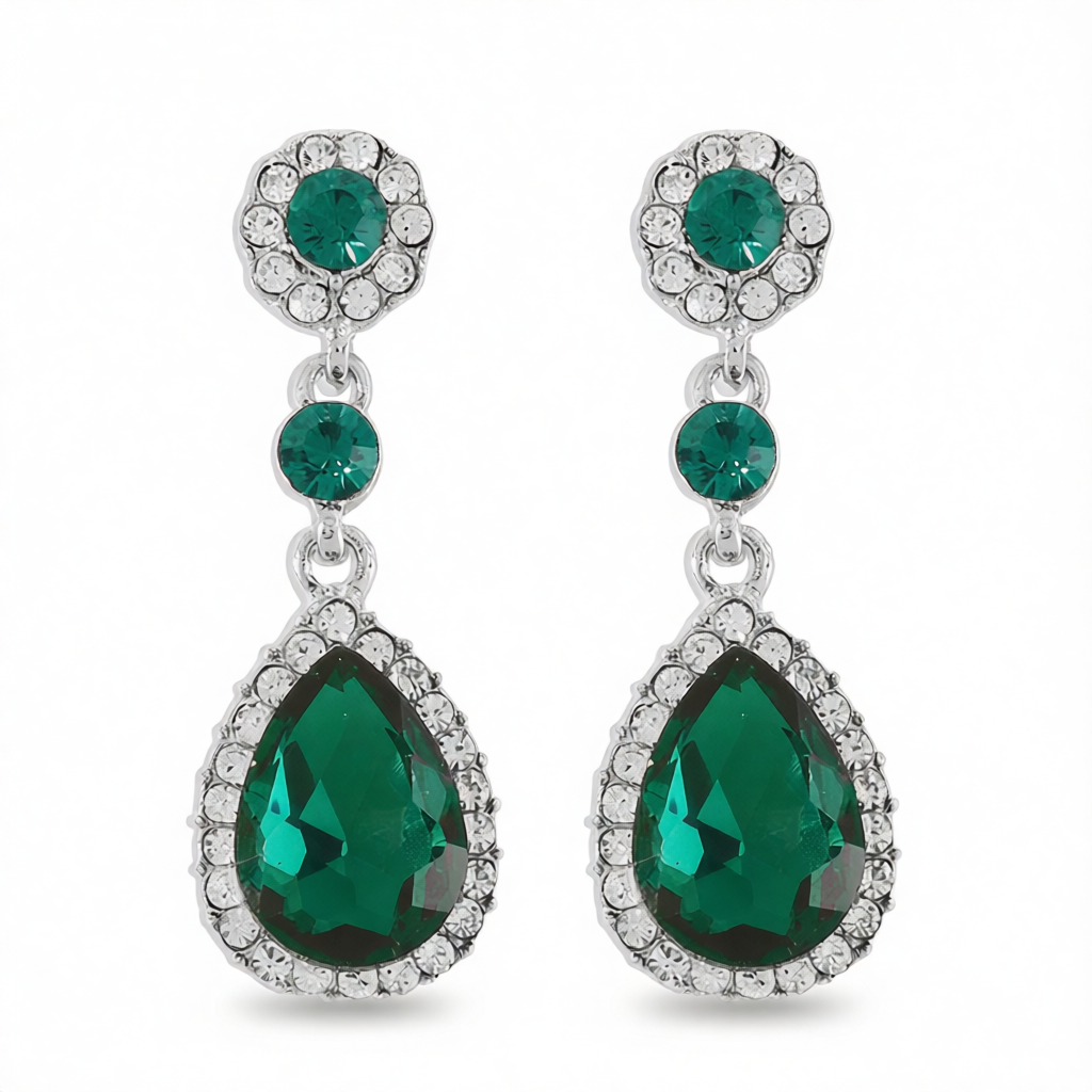 Green Crystal & Cubic Zirconia Drop Earring