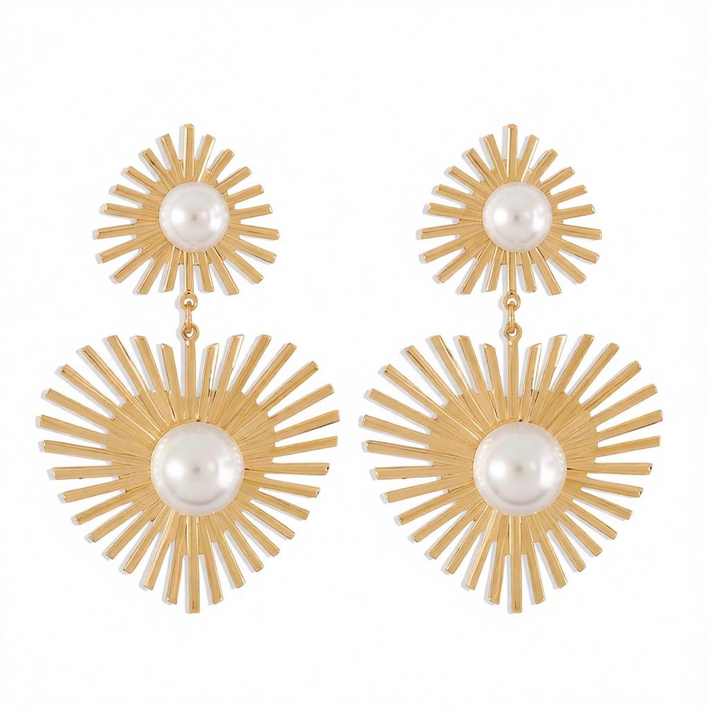 Pearl and 18K Gold-Plated Spike Heart Drop Earrings, gold drop earrings for women, elegant gift for her, side view