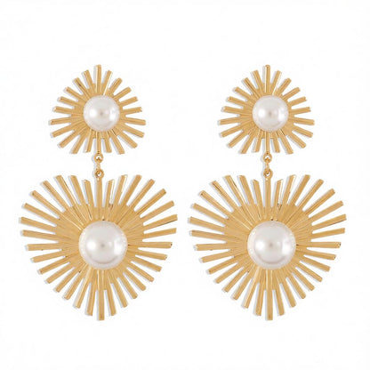 Pearl and 18K Gold-Plated Spike Heart Drop Earrings, gold drop earrings for women, elegant gift for her, side view