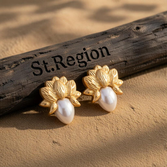Pearl and 18K Gold-Plated Botanical Stud Earring, cubic zirconia stud earrings for women, botanical inspired, front view