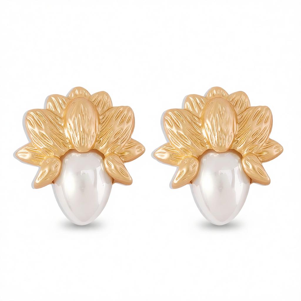 Pearl and 18K Gold-Plated Botanical Stud Earring, cubic zirconia stud earrings for women, botanical inspired, side view