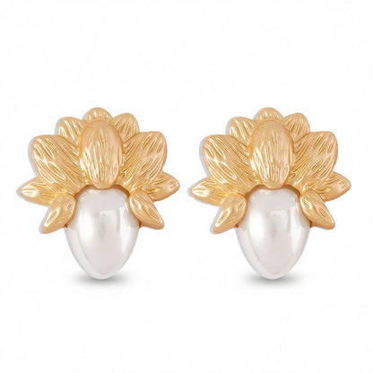 Pearl and 18K Gold-Plated Botanical Stud Earring, cubic zirconia stud earrings for women, botanical inspired, side view