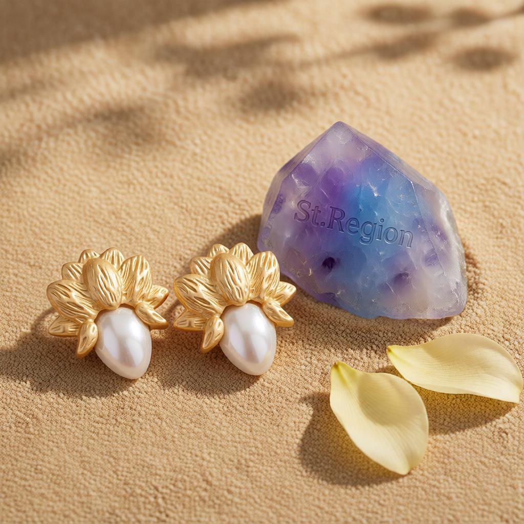 Pearl and 18K Gold-Plated Botanical Stud Earring, cubic zirconia stud earrings for women, botanical inspired, detail close-up