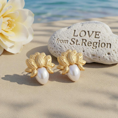 Pearl and 18K Gold-Plated Botanical Stud Earring, cubic zirconia stud earrings for women, botanical inspired, lifestyle look