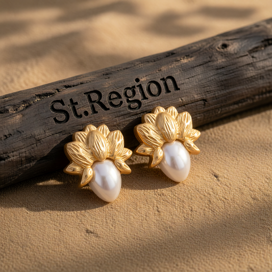 Pearl & 18K Gold-Plated Botanical Stud Earring