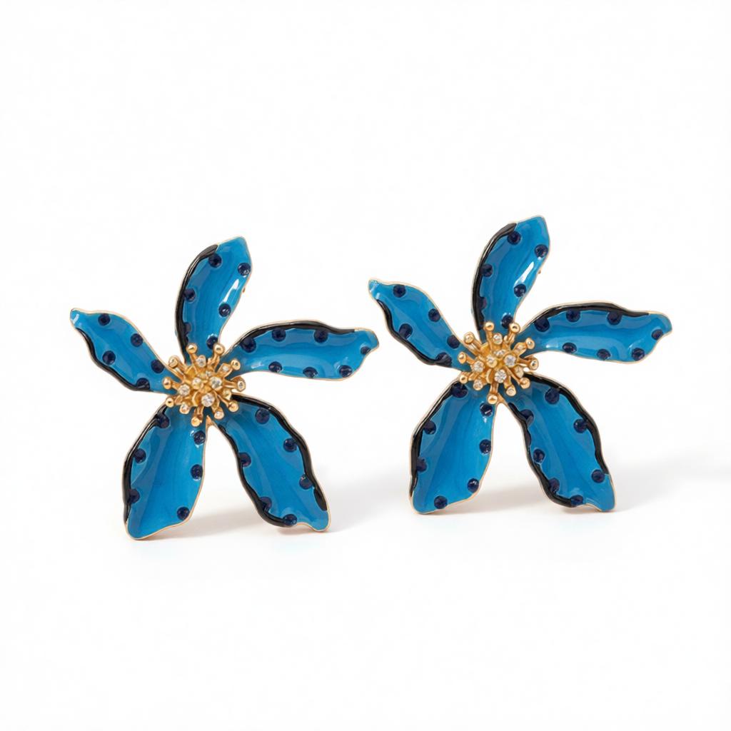 Blue Enamel and 18K Gold-Plated Spot Flower Stud Earrings, cubic zirconia stud earrings for women, everyday style, side view