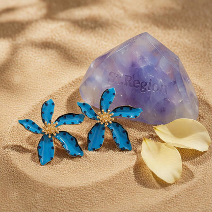 Blue Enamel and 18K Gold-Plated Spot Flower Stud Earrings, cubic zirconia stud earrings for women, detail close-up