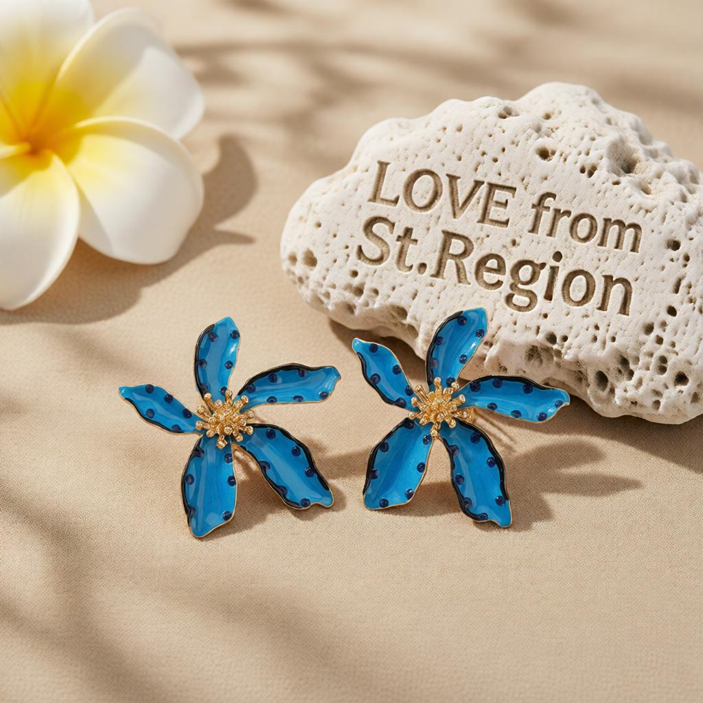 Blue Enamel and 18K Gold-Plated Spot Flower Stud Earrings, cubic zirconia stud earrings for women, lifestyle look