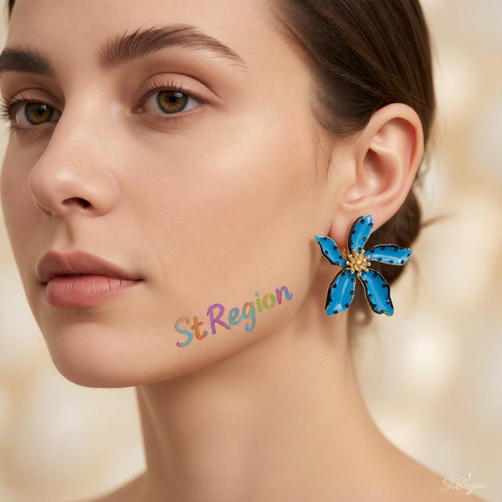 Blue Enamel and 18K Gold-Plated Spot Flower Stud Earrings, cubic zirconia stud earrings for women, styled look