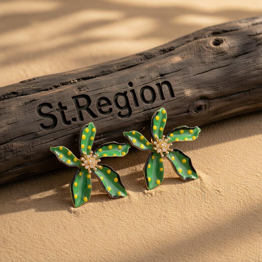 Green Enamel and 18K Gold-Plated Spot Flower Stud Earrings, cubic zirconia stud earrings for women, front view