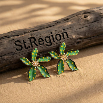 Green Enamel and 18K Gold-Plated Spot Flower Stud Earrings, cubic zirconia stud earrings for women, front view