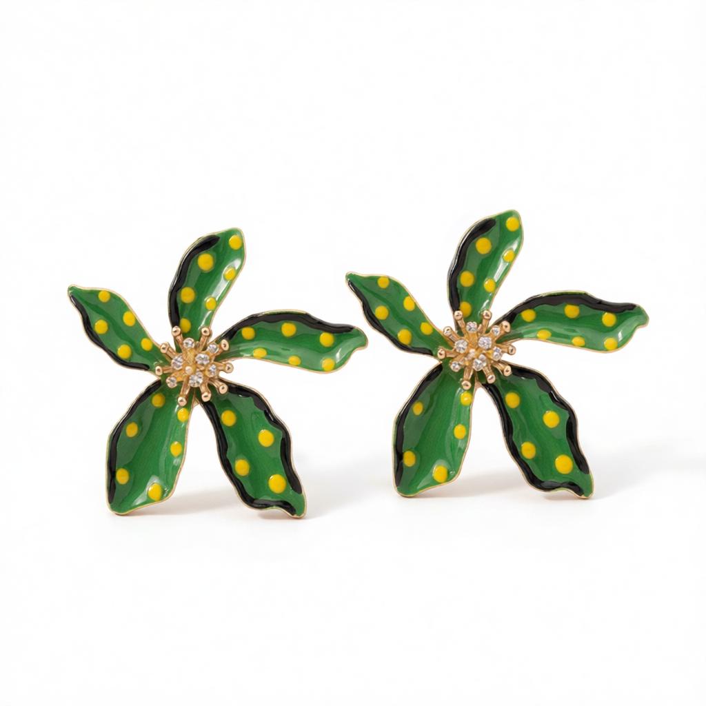 Green Enamel and 18K Gold-Plated Spot Flower Stud Earrings, cubic zirconia stud earrings for women, side view
