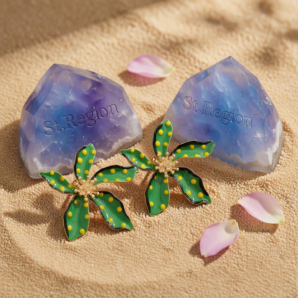 Green Enamel and 18K Gold-Plated Spot Flower Stud Earrings, cubic zirconia stud earrings for women, detail close-up