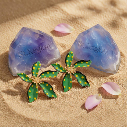 Green Enamel and 18K Gold-Plated Spot Flower Stud Earrings, cubic zirconia stud earrings for women, detail close-up
