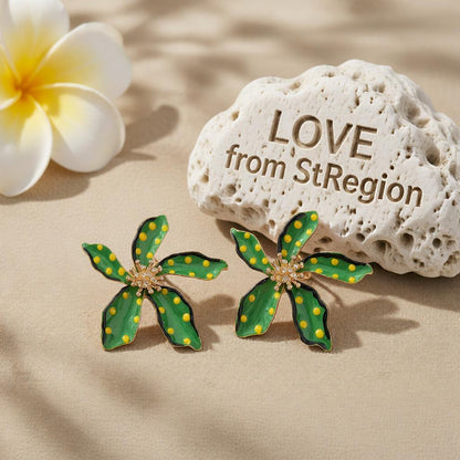 Green Enamel and 18K Gold-Plated Spot Flower Stud Earrings, cubic zirconia stud earrings for women, lifestyle look