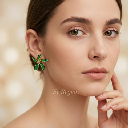 Green Enamel and 18K Gold-Plated Spot Flower Stud Earrings, cubic zirconia stud earrings for women, styled look