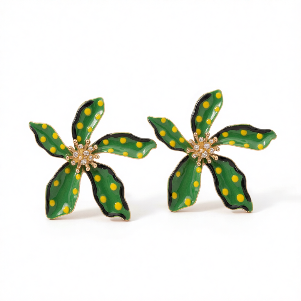 Green Enamel & 18K Gold-Plated Spot Flower Stud Earrings