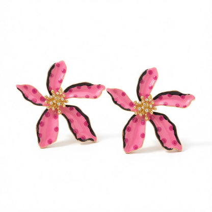 Pink Enamel and 18K Gold-Plated Spot Flower Stud Earrings, cubic zirconia stud earrings for women, side view