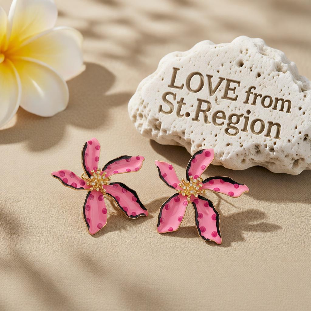 Pink Enamel and 18K Gold-Plated Spot Flower Stud Earrings, cubic zirconia stud earrings for women, lifestyle look