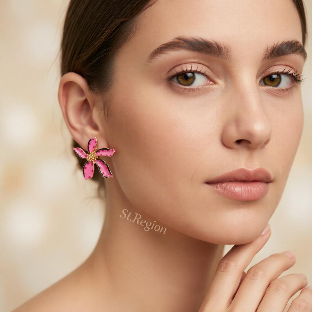 Pink Enamel and 18K Gold-Plated Spot Flower Stud Earrings, cubic zirconia stud earrings for women, styled look