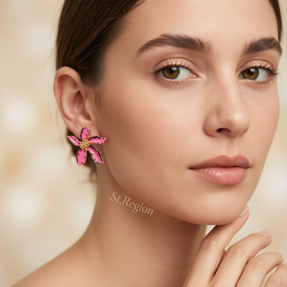 Pink Enamel and 18K Gold-Plated Spot Flower Stud Earrings, cubic zirconia stud earrings for women, styled look