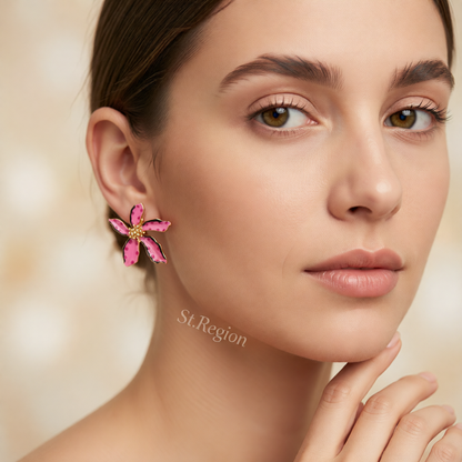 Pink Enamel & 18K Gold-Plated Spot Flower Stud Earrings