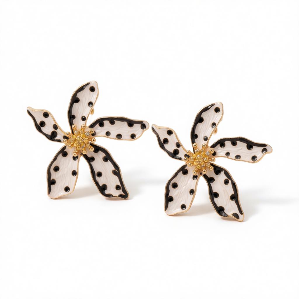 White Enamel and 18K Gold-Plated Spot Flower Stud Earrings, cubic zirconia stud earrings for women, side view