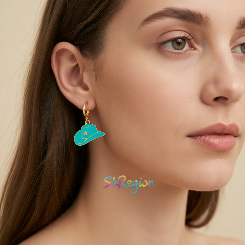 Blue Enamel & 18K Gold-Plated Star Cowboy Hat Huggie Earrings