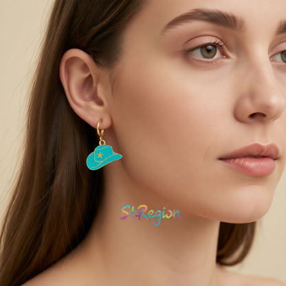 Blue Enamel & 18K Gold-Plated Star Cowboy Hat Huggie Earrings