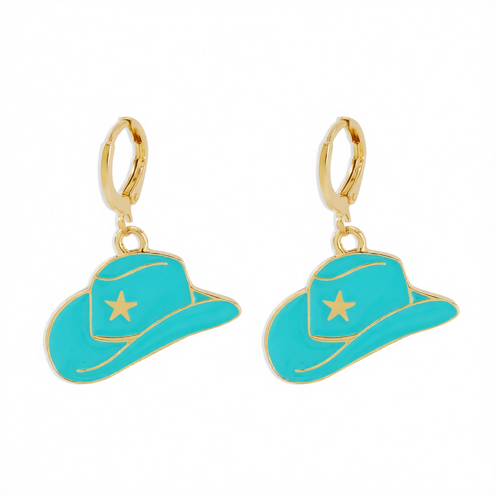 Blue Enamel & 18K Gold-Plated Star Cowboy Hat Huggie Earrings