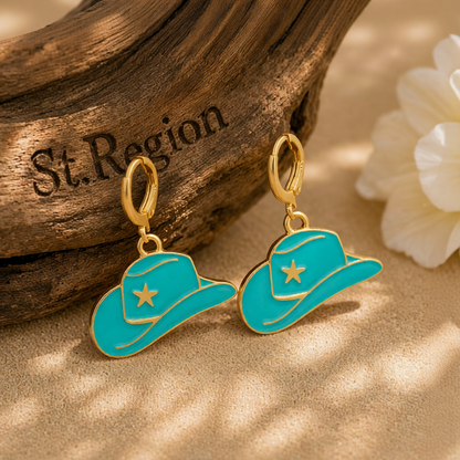 Blue Enamel & 18K Gold-Plated Star Cowboy Hat Huggie Earrings