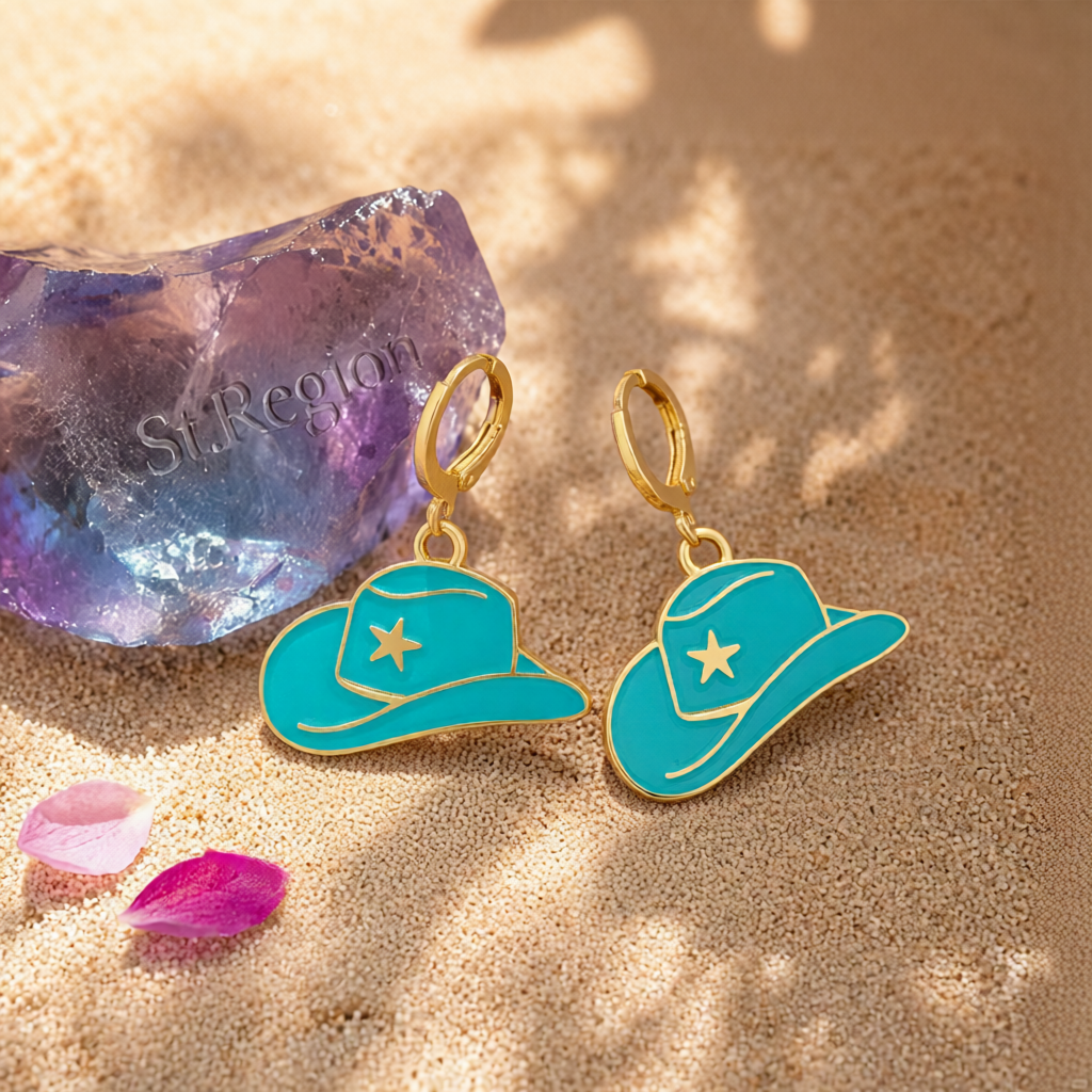 Blue Enamel & 18K Gold-Plated Star Cowboy Hat Huggie Earrings