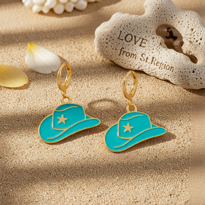 Blue Enamel & 18K Gold-Plated Star Cowboy Hat Huggie Earrings