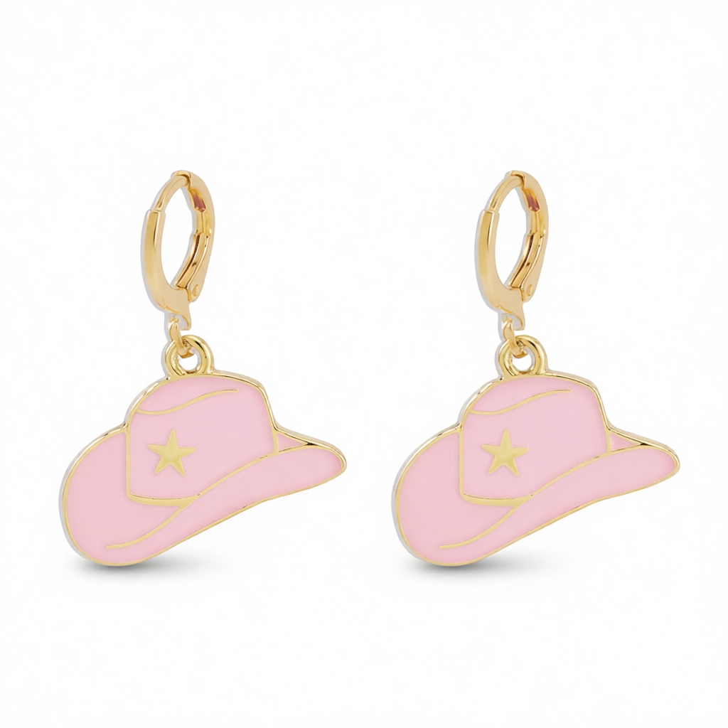 Pink Enamel & 18K Gold-Plated Cowboy Hat Huggie Earrings