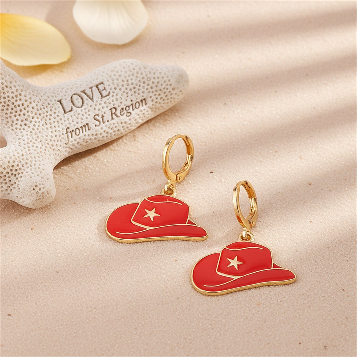 Red Enamel and 18K Gold-Plated Star Cowboy Hat Huggie Earrings, gold huggie earrings, everyday style, lifestyle look