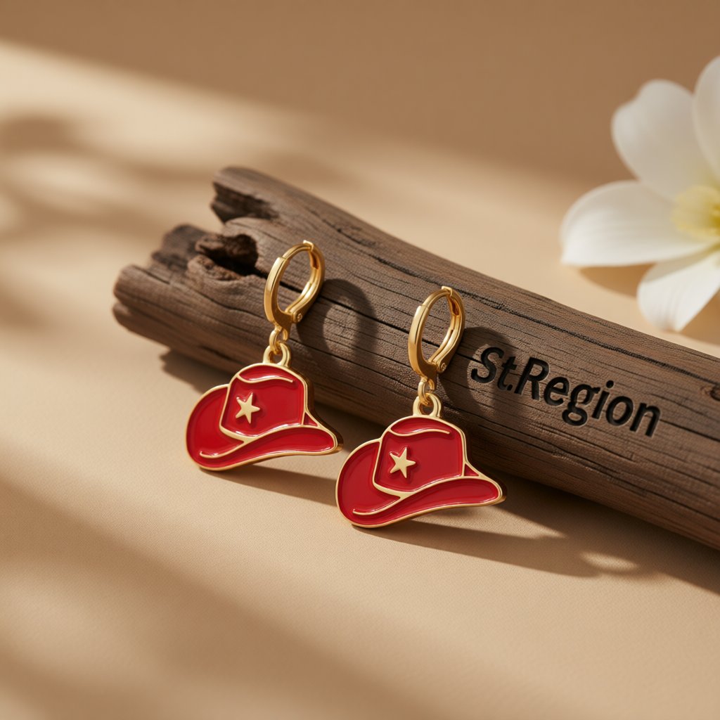 Red Enamel and 18K Gold-Plated Star Cowboy Hat Huggie Earrings, gold huggie earrings, everyday style, front view