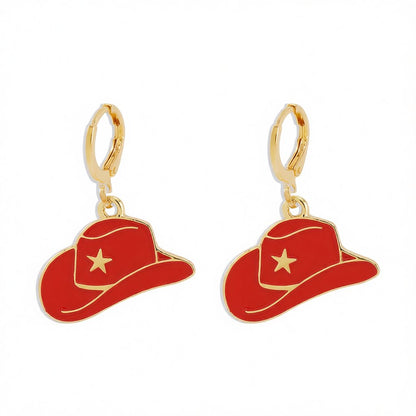 Red Enamel and 18K Gold-Plated Star Cowboy Hat Huggie Earrings, gold huggie earrings, everyday style, side view