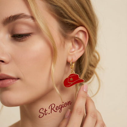 Red Enamel and 18K Gold-Plated Star Cowboy Hat Huggie Earrings, gold huggie earrings, everyday style, styled look
