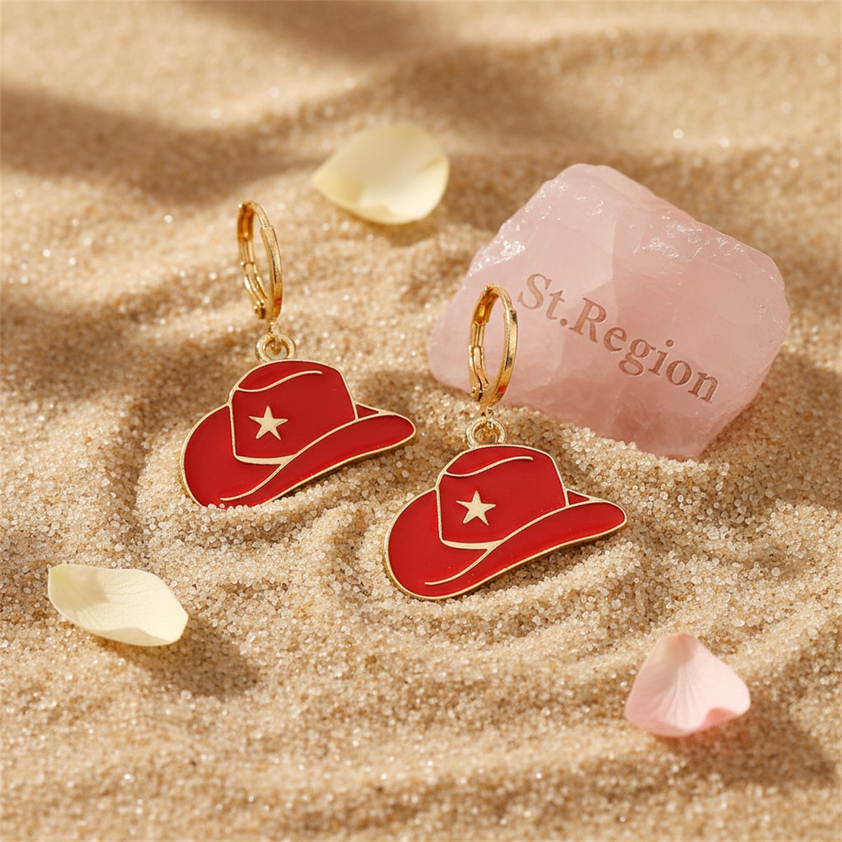 Red Enamel and 18K Gold-Plated Star Cowboy Hat Huggie Earrings, gold huggie earrings, everyday style, detail close-up