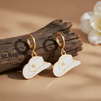 White Enamel & 18K Gold-Plated Star Cowboy Hat Huggie Earrings