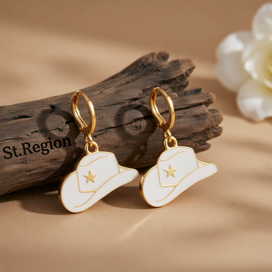 White Enamel & 18K Gold-Plated Star Cowboy Hat Huggie Earrings