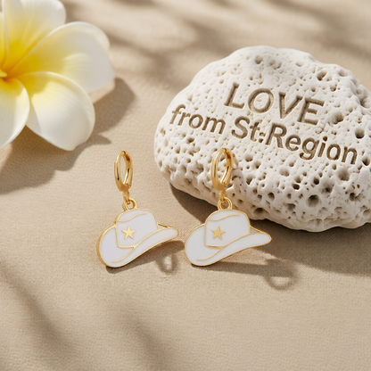 White Enamel & 18K Gold-Plated Star Cowboy Hat Huggie Earrings