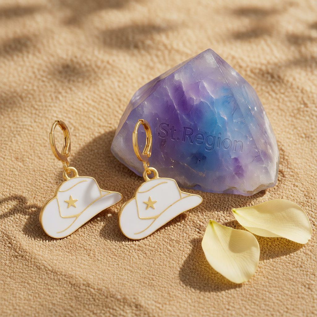 White Enamel & 18K Gold-Plated Star Cowboy Hat Huggie Earrings
