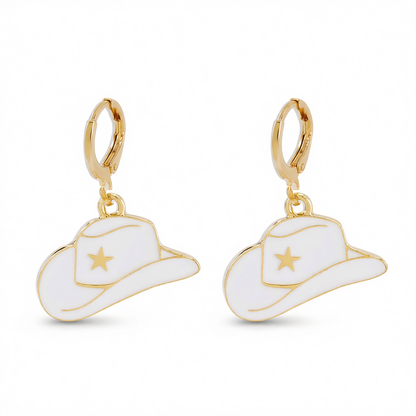 White Enamel & 18K Gold-Plated Star Cowboy Hat Huggie Earrings