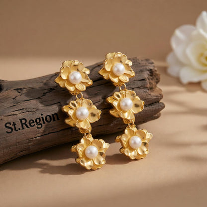 Pearl and 18K Gold-Plated Flower Drop Earrings, gold drop earrings for women, dainty minimalist design, front view