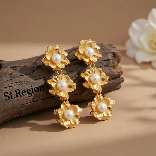 Pearl and 18K Gold-Plated Flower Drop Earrings, gold drop earrings for women, dainty minimalist design, front view