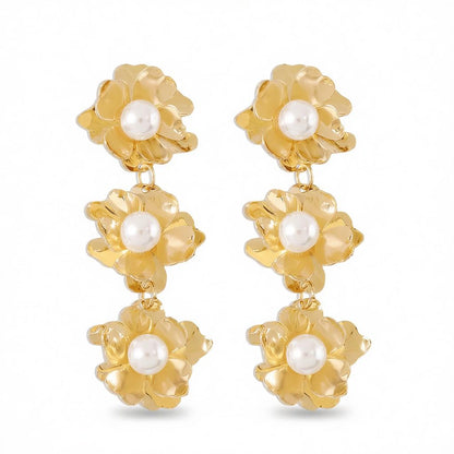 Pearl and 18K Gold-Plated Flower Drop Earrings, gold drop earrings for women, dainty minimalist design, side view