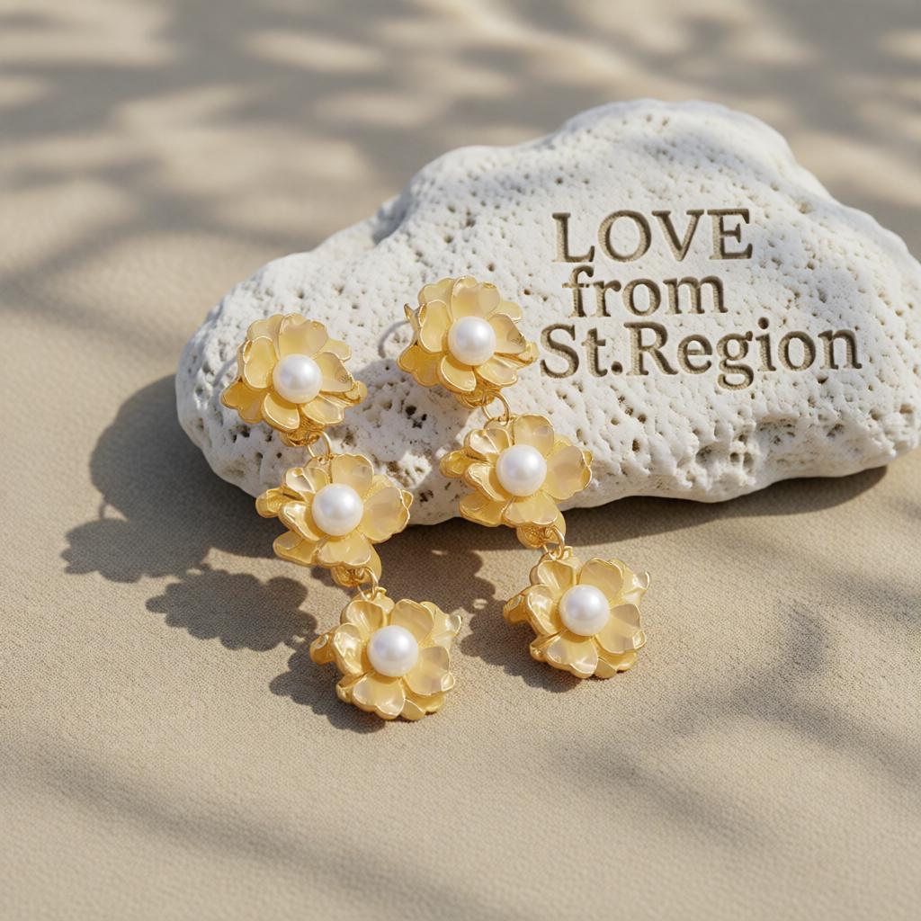 Pearl and 18K Gold-Plated Flower Drop Earrings, gold drop earrings for women, dainty minimalist design, lifestyle look