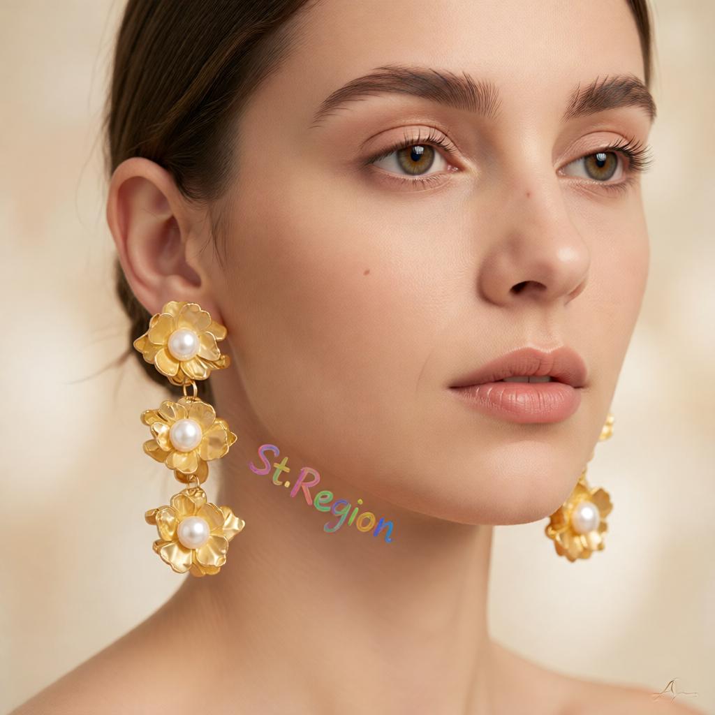 Pearl and 18K Gold-Plated Flower Drop Earrings, gold drop earrings for women, dainty minimalist design, styled look